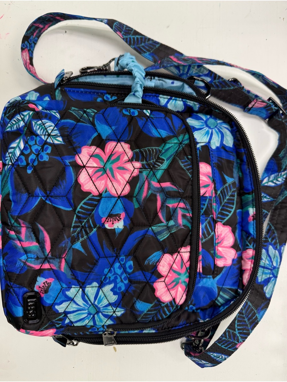 lug Quilted Floral Crossbody Bag in Black, Blue & Pink